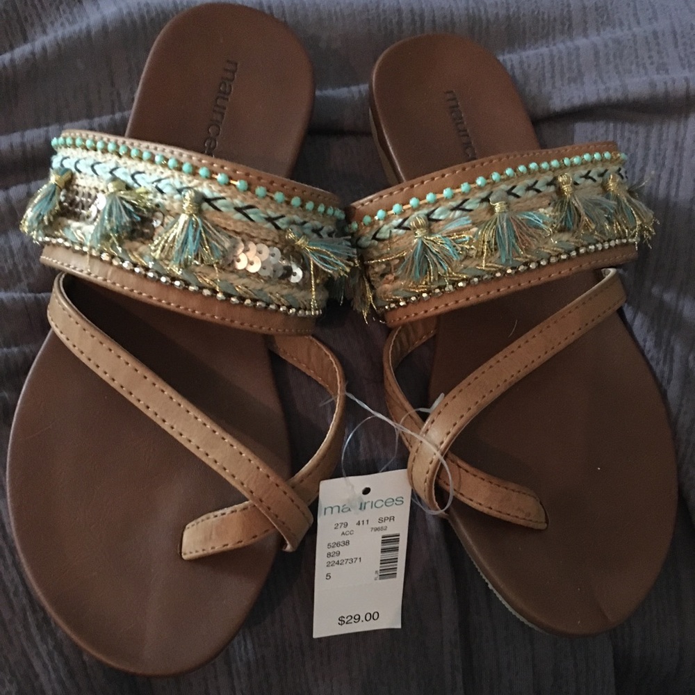 Maurices Sandals- Tan Gold Tassel and Turquoise 5M